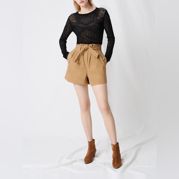 Maje Camel Cotton Canvas Belted Shorts - Picture 3 of 13
